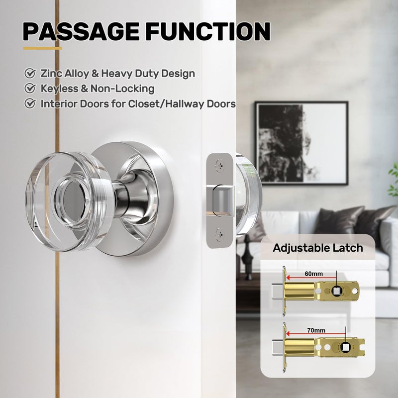 naubea Polished Chrome Door Knobs Glass Door Knobs Interior Passage Door Knob Crystal Interior Door Knob for Closet and Hallway - Image 2